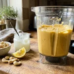 Blender filled with freshly blended creamy golden cultured plant butter