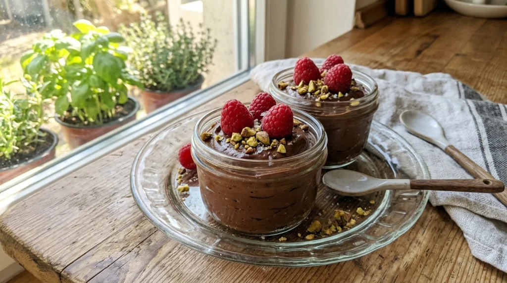 Glass jars of healthy no-bake chocolate avocado mousse with raspberries