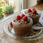 Glass jars of healthy no-bake chocolate avocado mousse with raspberries
