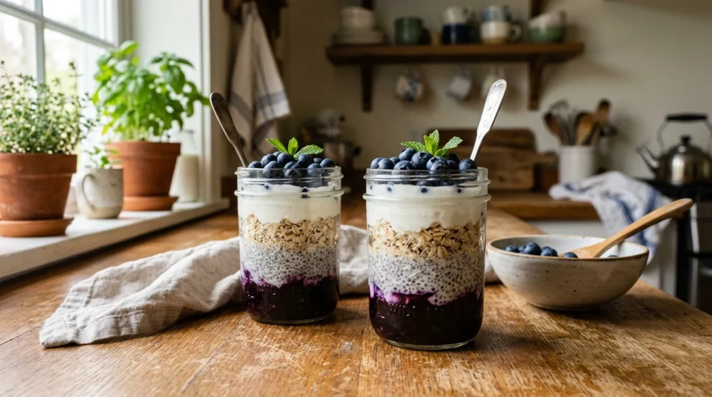 Healthy no-bake breakfast parfait jars with oats and blueberries
