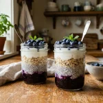 Healthy no-bake breakfast parfait jars with oats and blueberries