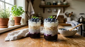 Simple Winemaking, No-Bake Recipes & Butter Creations | RecipesFromTheHomestead.com 9 Healthy no-bake breakfast parfait jars with oats and blueberries