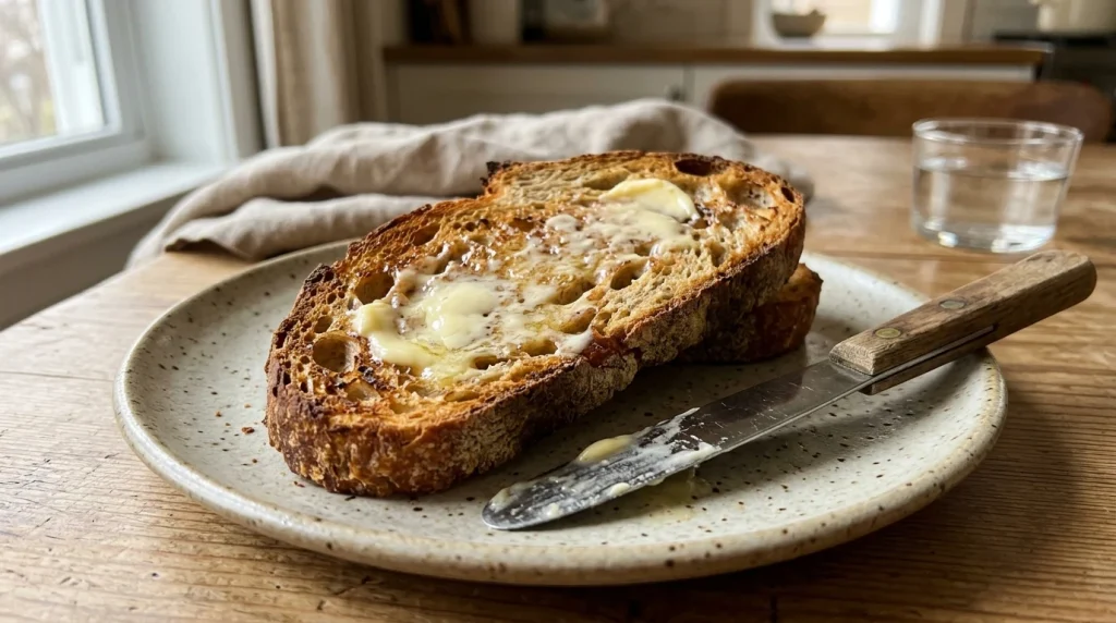 Sourdough toast spread with melting cultured plant-based butter