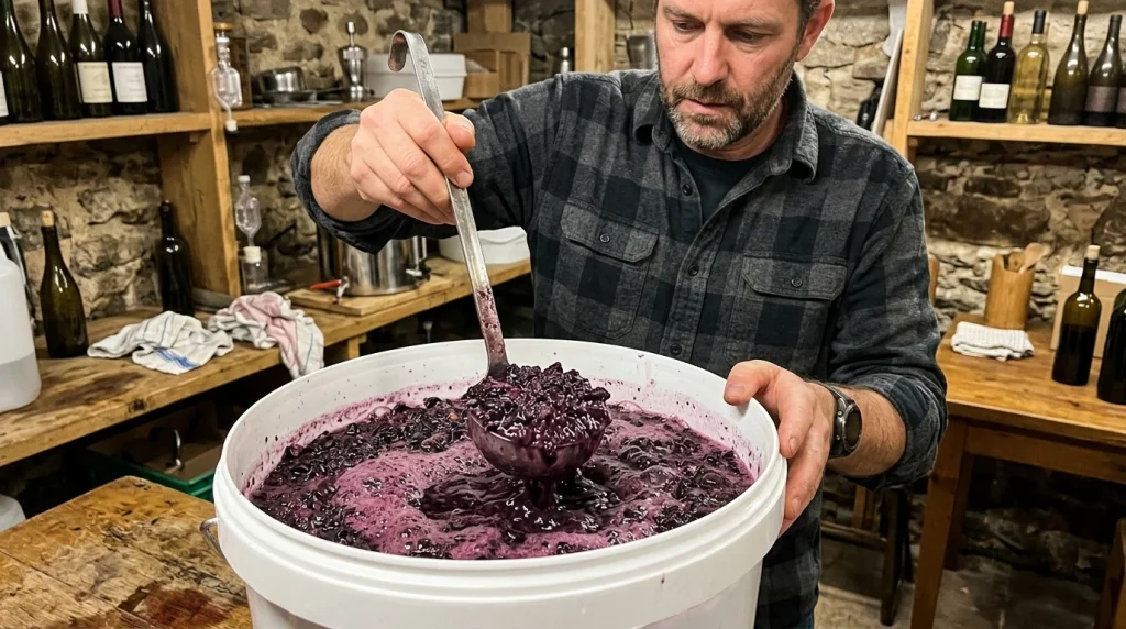 Winemaker punching down fruit cap in fermentation vessel