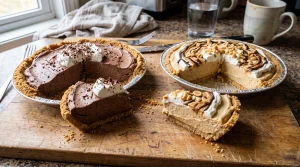 Assortment of homemade no-bake pies with chocolate and peanut butter slices