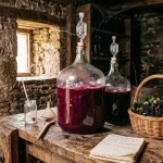 Country fruit and berry winemaking in carboy with water airlock on cellar table