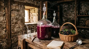 Simple Winemaking, No-Bake Recipes & Butter Creations | RecipesFromTheHomestead.com 5 Country fruit and berry winemaking in carboy with water airlock on cellar table