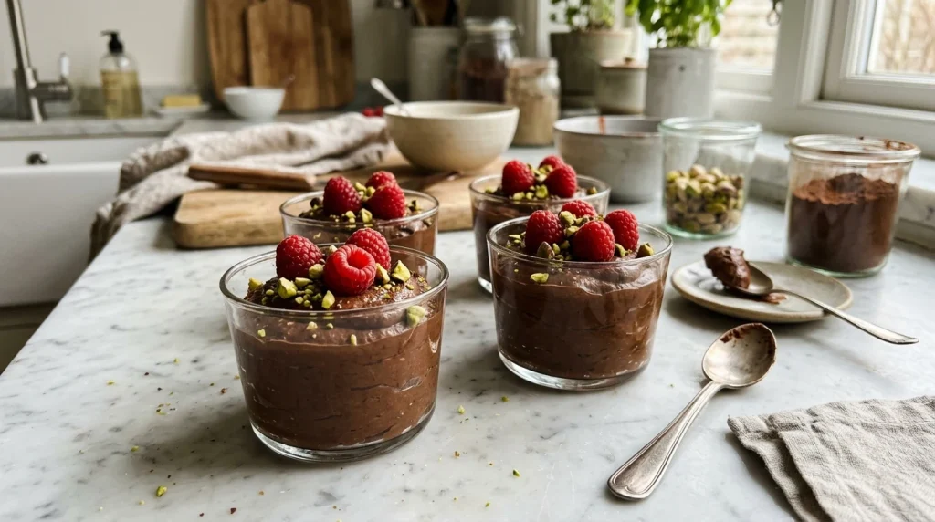 Healthy no-bake chocolate avocado mousse cups with raspberries and pistachios