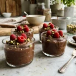 Healthy no-bake chocolate avocado mousse cups with raspberries and pistachios