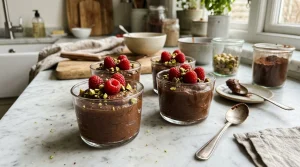 Simple Winemaking, No-Bake Recipes & Butter Creations | RecipesFromTheHomestead.com 3 Healthy no-bake chocolate avocado mousse cups with raspberries and pistachios