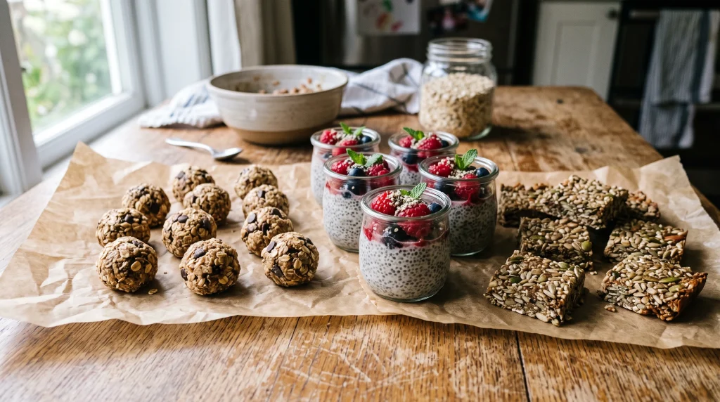 Trio of homemade no bake pie recipes on a wooden table
