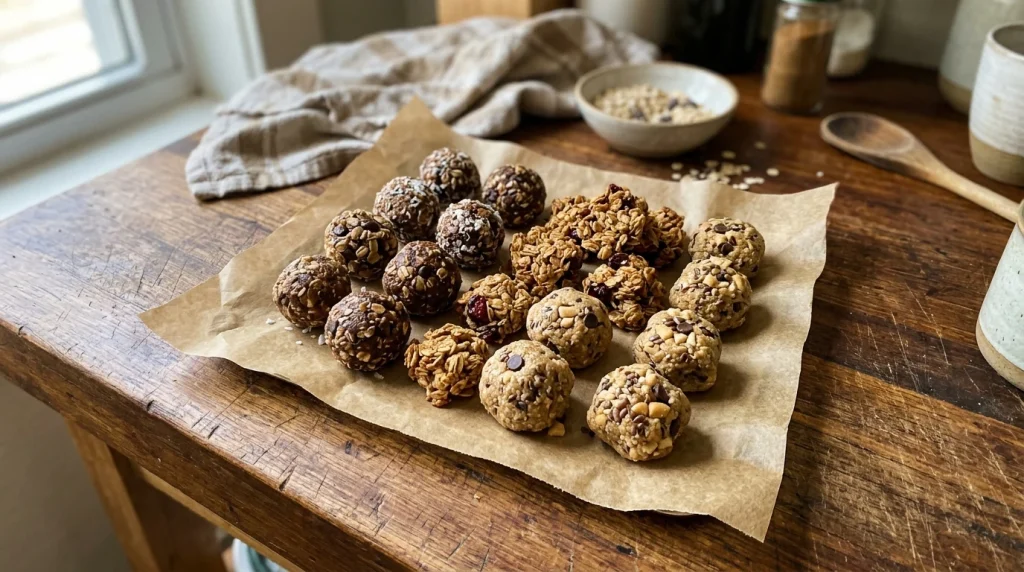 Plate of homemade non-bake energy snacks and bites