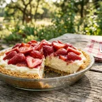 Chilled homemade no-bake strawberry lemonade icebox pie with graham crust