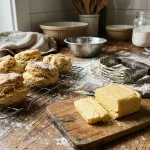 Block of vegan butter next to freshly baked biscuits