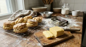 Block of vegan butter next to freshly baked biscuits