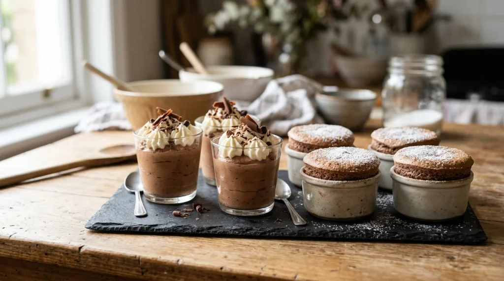 Airy chocolate mousse verrines and souffles on slate serving board