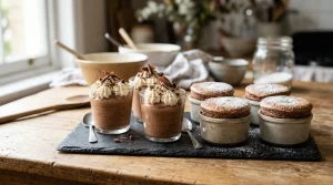 Simple Winemaking, No-Bake Recipes & Butter Creations | RecipesFromTheHomestead.com 1 Airy chocolate mousse verrines and souffles on slate serving board