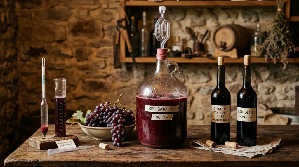 Home winemaking equipment setup with glass carboy fermenter, airlock, and bottled red wine