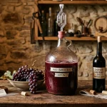 Home winemaking equipment setup with glass carboy fermenter, airlock, and bottled red wine