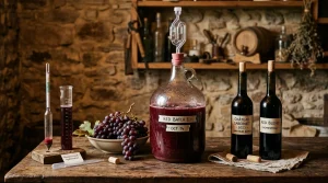 Simple Winemaking, No-Bake Recipes & Butter Creations | RecipesFromTheHomestead.com 1 Home winemaking equipment setup with glass carboy fermenter, airlock, and bottled red wine
