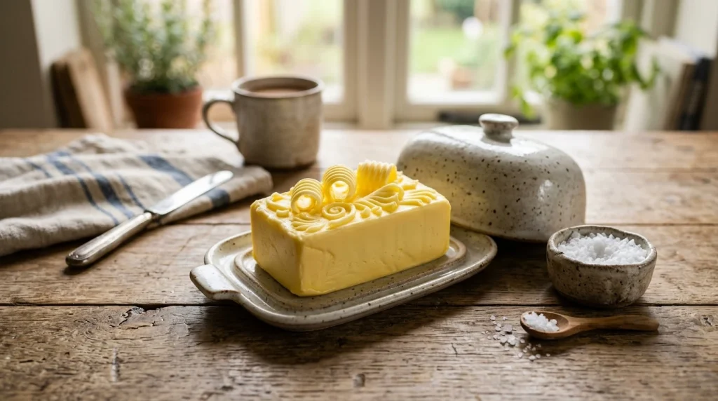 Ceramic butter dish with a fresh block of vegan butter