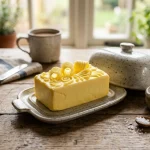 Ceramic butter dish with a fresh block of vegan butter