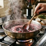 Simmering Red Wine Reduction in Stainless Steel Pan