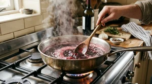 Simmering Red Wine Reduction in Stainless Steel Pan