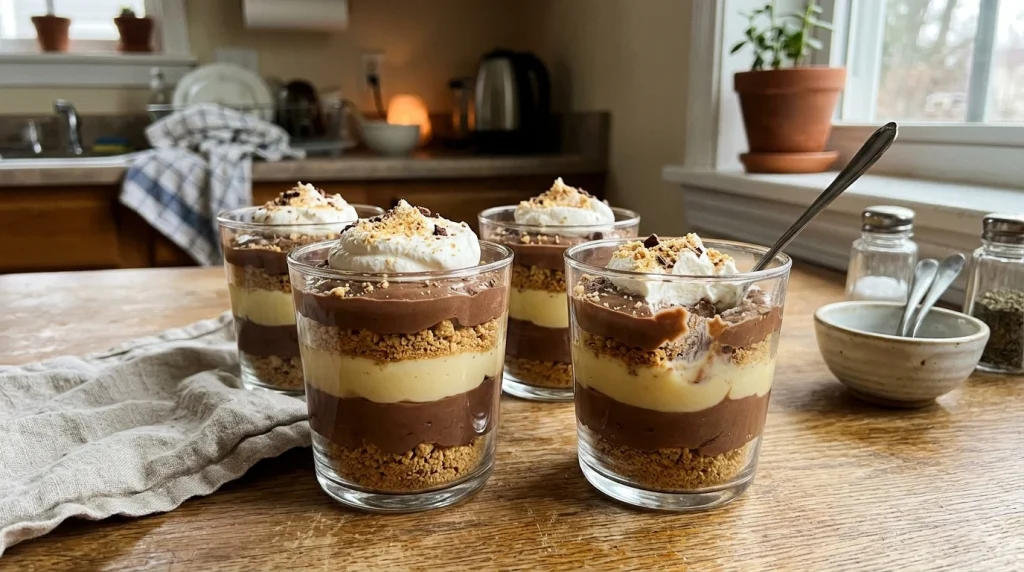 Glass cups of layered homemade no-bake pudding dessert with whipped cream