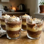 Glass cups of layered homemade no-bake pudding dessert with whipped cream