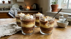 Simple Winemaking, No-Bake Recipes & Butter Creations | RecipesFromTheHomestead.com 5 Glass cups of layered homemade no-bake pudding dessert with whipped cream