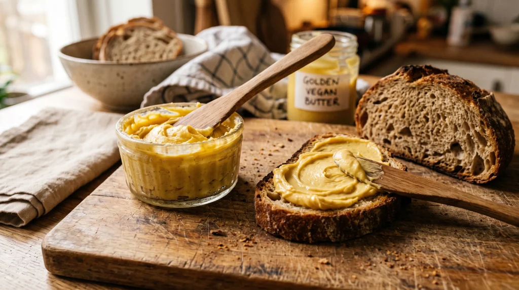 Homemade smooth and creamy vegan butter in glass ramekin spread on crusty bread