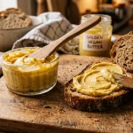 Homemade smooth and creamy vegan butter in glass ramekin spread on crusty bread